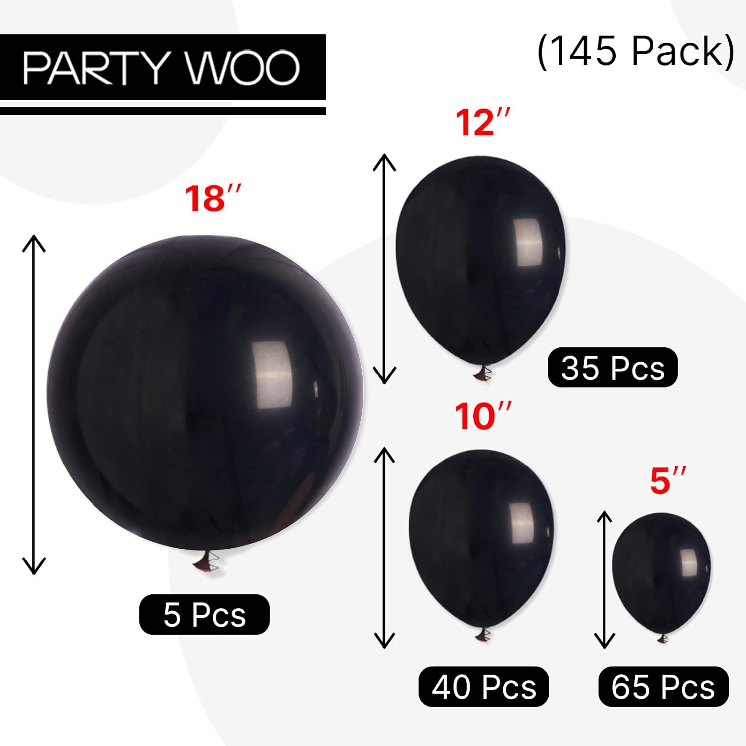 PartyWoo Black Balloons - 145-Piece Arch Kit with Various Sizes for Baby Showers, Birthdays & Anniversaries