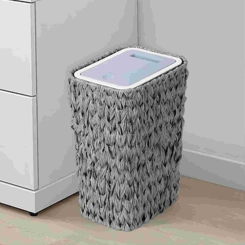 Trash Can with Lid, 2.6 Gallon Small Rattan Trash Can with Press Top Lid, Boho Slim Wicker Waste Basket and Hamper 2 in 1, Seagrass Woven Garbage Can Trash Basket for Living Room, Bedroom Gray