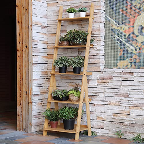 5-Tier Corner Ladder Shelf, Industrial Bamboo Storage Bookcase
