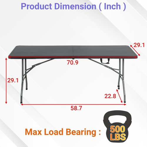 FDW 6FT Folding Table - Portable Black Picnic & Party Table with Carrying Handle