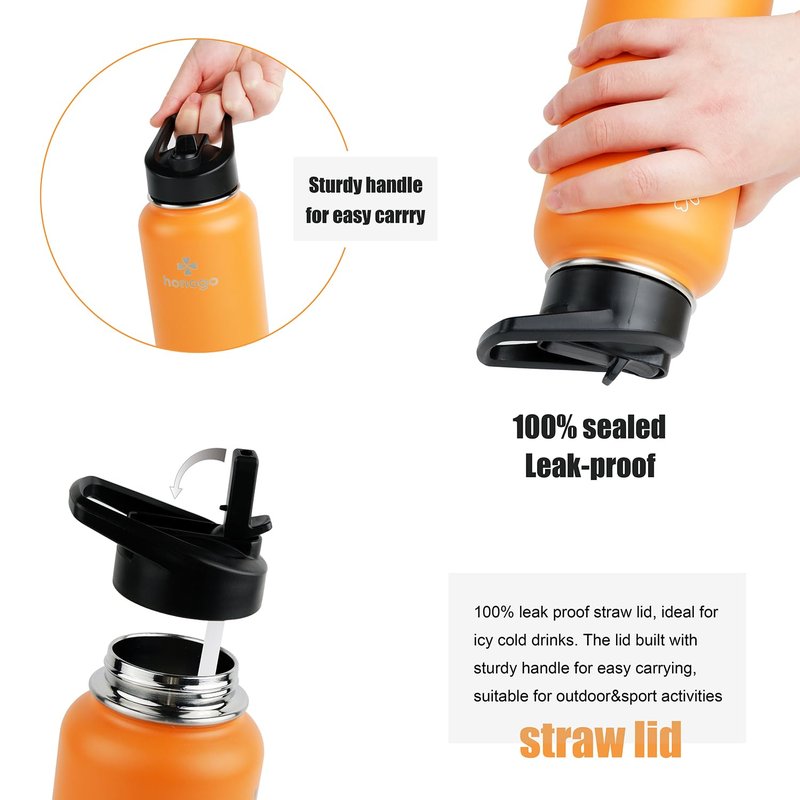 honogo 40 oz Double Wall Insulated Metal Water Bottle for Men, Women & Kids, 18/8 Stainless Steel Wide Mouth Thermal Flask with Straw Lid & Spout Lid, Leak Proof, Keep Hot and Cold (Orange, 40 oz)