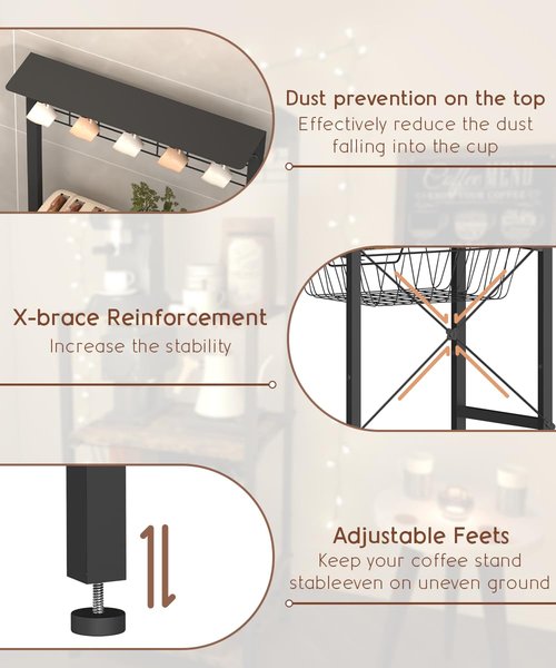 Ansionsol 4 Tier Coffee Bar Station, Corner Bakers Rack with 5 Hooks & Wire Basket, Coffee Maker Stand for Small Space, Kitchen Storage Shelf for Entryway, Living Room, Café, Black, 16.5"x13"x47.8"