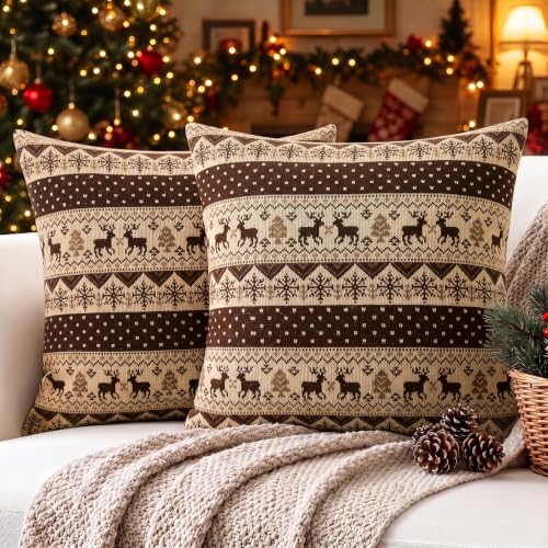 Artscope Christmas Knitted Throw Pillow Covers 18x18in Brown, Set of 2