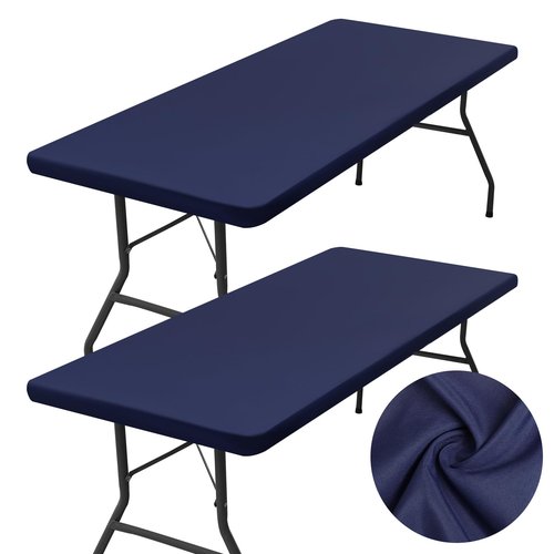 homing 2 Pack Rectangle Table Cloth, Elastic Fitted Fabric Tablecloth Fits for 6 Foot Folding Tables, Washable Table Cover for Picnic, Camping, Indoor & Outdoor (Navy Blue, 30" x 72")