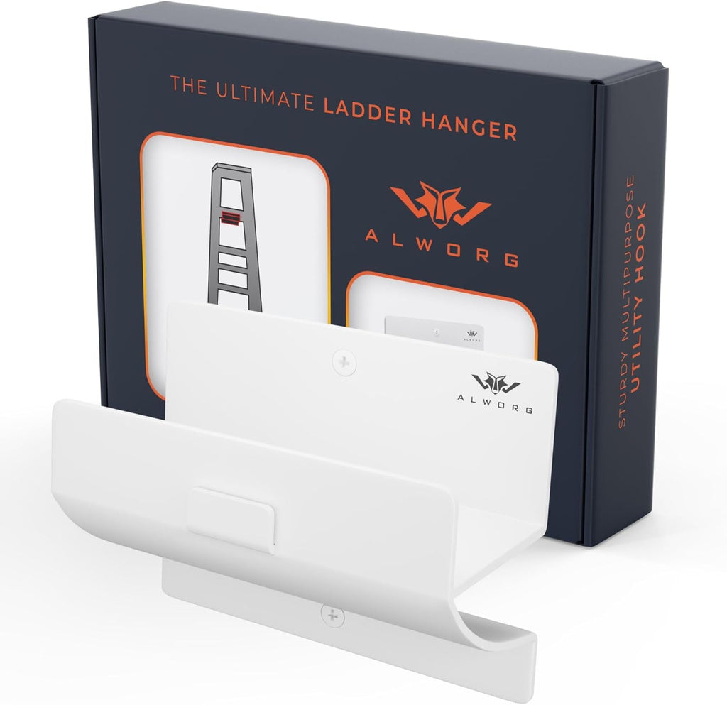 White Ladder Hooks - Wall-Mounted Step Ladder Holder for Garage | Space-Saving Design