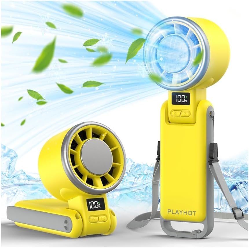 PlayHot Portable Handheld Turbo Fan - Rechargeable Ice Cooling Personal Fan | 12Hrs Battery Life, 5 Speed (Yellow)