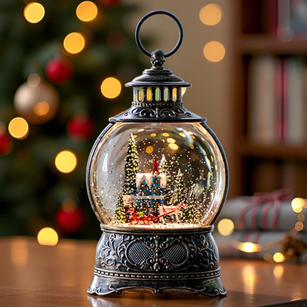 Regine Switzerland Christmas Snow Globe - Musical Water Lantern with Timer & USB/Battery Operated | Blue Church Design