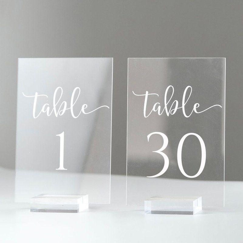 JINMURY Acrylic Wedding Table Numbers 1-30 with Stand- 4x6 Inch Clear Sign Printed Calligraphy Font, Acrylic Table Numbers with Holder Base for Wedding Party Reception