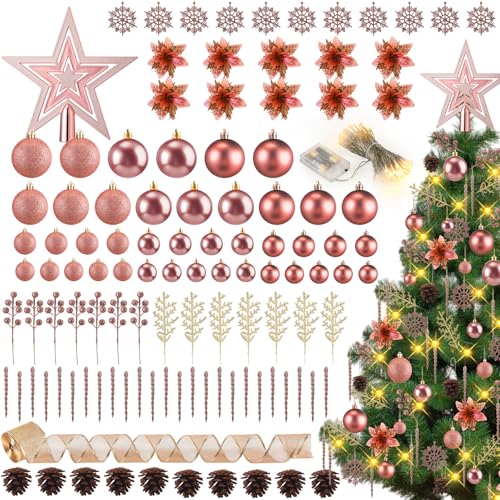 Canlierr Rose Gold Christmas Ornaments Set - 145 Pieces Shatterproof Holiday Decor