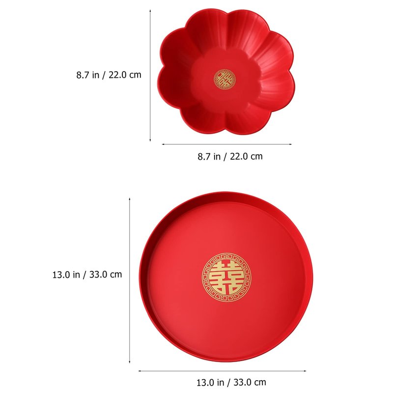 Red Serving Tray Set: 3PCS Decorative Round Wedding Snack Trays and Petal Snack Bowls - Flower Shape Candy Plate Happiness Chinese Wedding Decor for Tea, Fruit, and Coffee Table