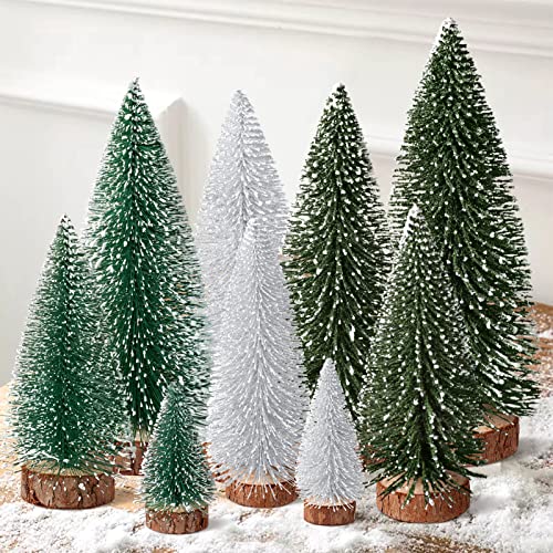Mini Christmas Trees Set of 9 - Frosted Bottle Brush Tabletop Decor