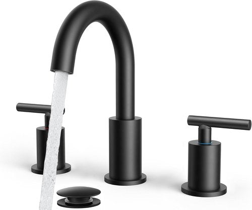FORIOUS Black Bathroom Faucet - 8-Inch Widespread Matte Black Sink Faucet with 360° Swivel Spout | Includes Pop-Up Drain