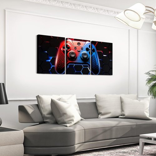 Manfei Games Canvas Wall Art - Set of 3 Honeycomb Gamepad Prints | Red & Blue Gamer Decor for Kids' Rooms