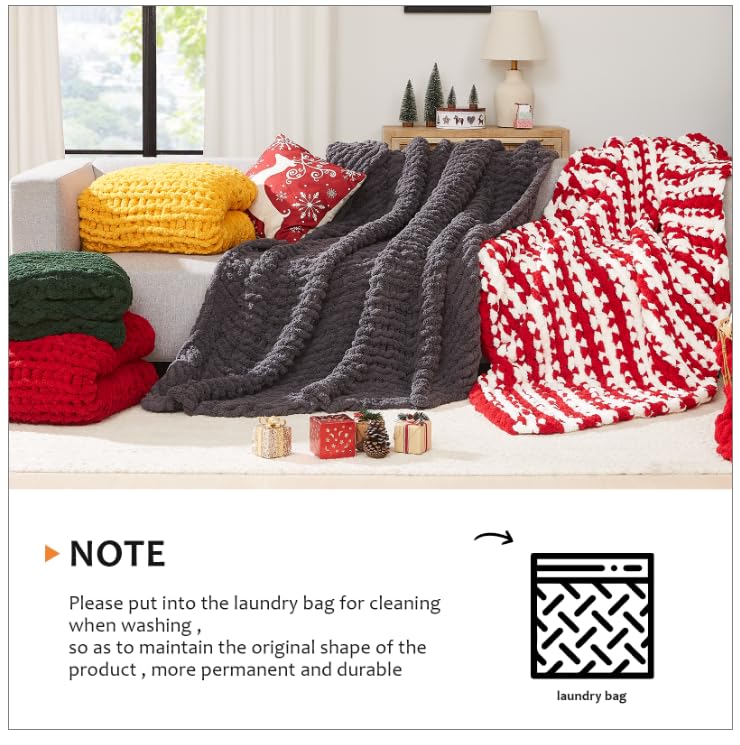 L'AGRATY Chunky Knit Throw Blanket 50" x 60" - Soft Handmade Chenille (Ivory)