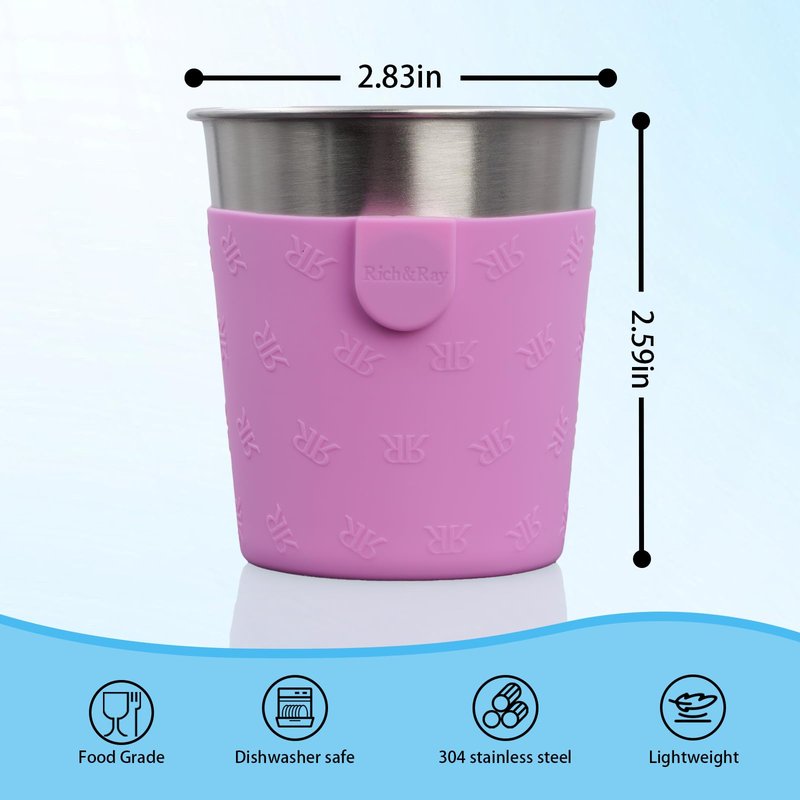 Rich&Ray 8oz Magnetic Reusable Hanging Cup, Stackable Metal Cups Stainless Steel Drinking Cup with Silicone Sleeve for Water Cooler and Fridge (8oz-Purple, Green, Pink, Light Blue)