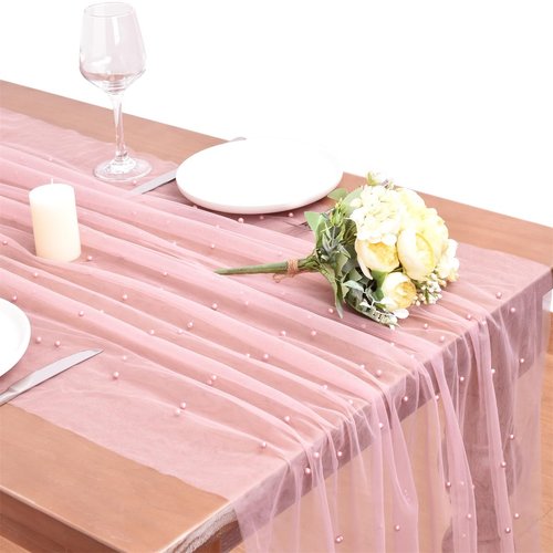 Dlpafzy Dusty Rose Pearl Table Runner Boho Rustic Tulle Lace Spring Easter Table Runner for Baby Shower Wedding Arch Decor Veil Dessert Table Decor 3pcs