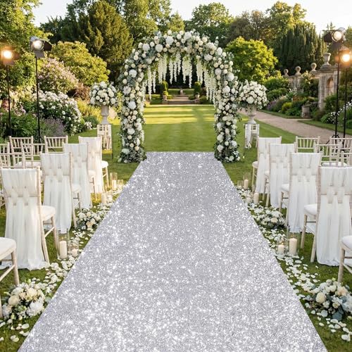 QueenDream Silver Sequin Aisle Runner 4ft x 20ft Wedding & Party Carpet - Glitter Fabric for Indoor & Outdoor Decor