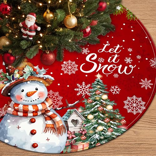 Casuru Red 48-Inch Snowman Christmas Tree Skirt | Let It Snow Holiday Tree Mat