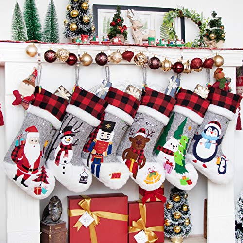 20-Inch Christmas Stockings Set of 6 - Gray Burlap & Red Plaid Faux Fur