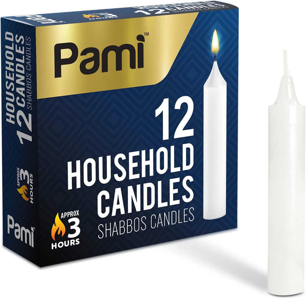 PAMI Traditional Shabbat Candle Sticks - 12-Pack Unscented Taper Candles | 3-Hour Burn Time, Elegant Flame