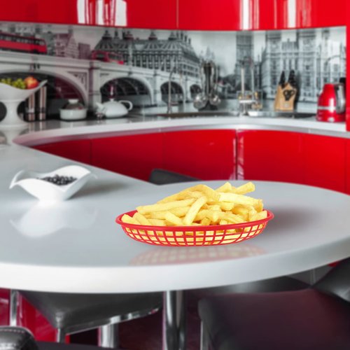 MUKCHAP 60 Pack Red Plastic Fast Food Serving Baskets, 9 x 5.6 x 1.5 Inch Oval Restaurant Serving Baskets for Bread, Fried Chicken, Burgers, Sandwiches, Fries