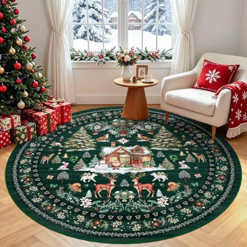 Geanlod 6' Round Christmas Rug - Green, Washable Non-Slip Reindeer & Santa