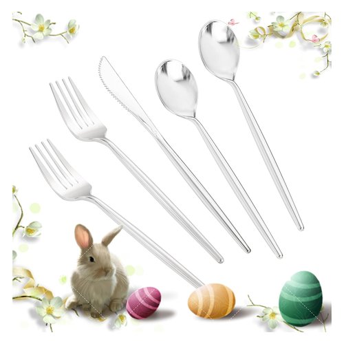 LIYH 102 Pcs Silver Plastic Silverware - Heavyduty Plastic Cutlery Set Disposable Utensils Flatware Set Knives Forks Spoons Disposable Cutlery Easter