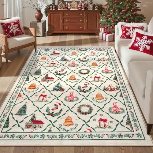 LIVEBOX 5x7 Beige Green Christmas Rug - Holiday Wreath Tree Farmhouse Decor