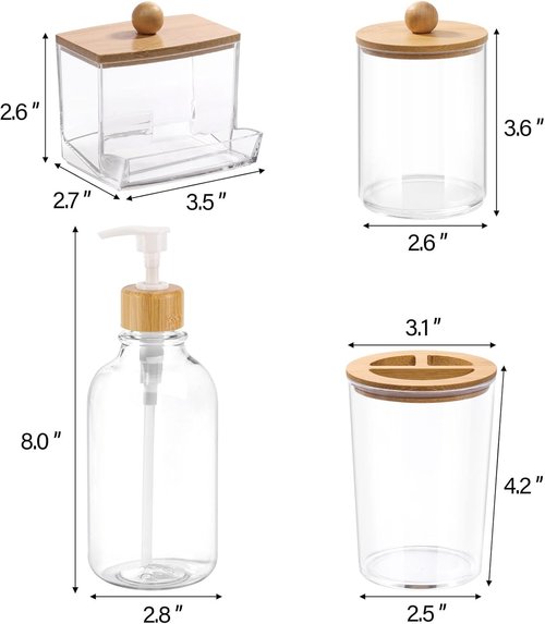 Bamboo Bathroom Accessories Set - 4-Piece Collection with Clear Toothbrush Holder, Soap Dispenser & Qtip Jar