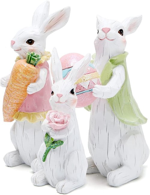 Hodao Easter Bunny Decorations - Spring Indoor Home Decor | Adorable White Bunny Figurines Set