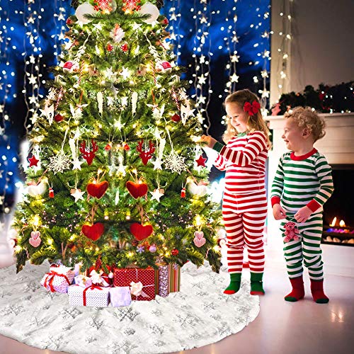 AtiMing White Plush Christmas Tree Skirt 30 Inches Snow White Fur with Silver Sequin Snowflakes