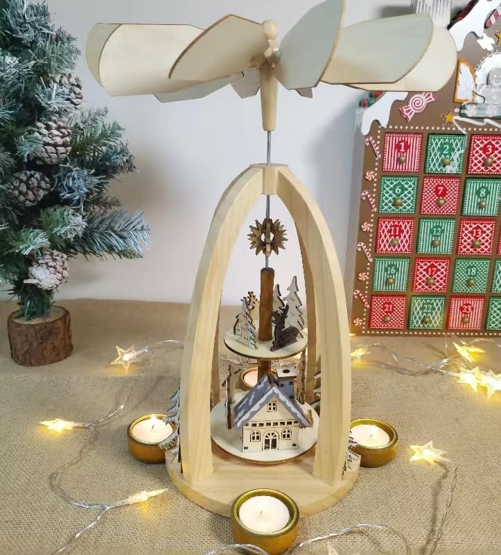 14-Inch Wooden Christmas Pyramid Nativity Scene with 4 Candle Holders