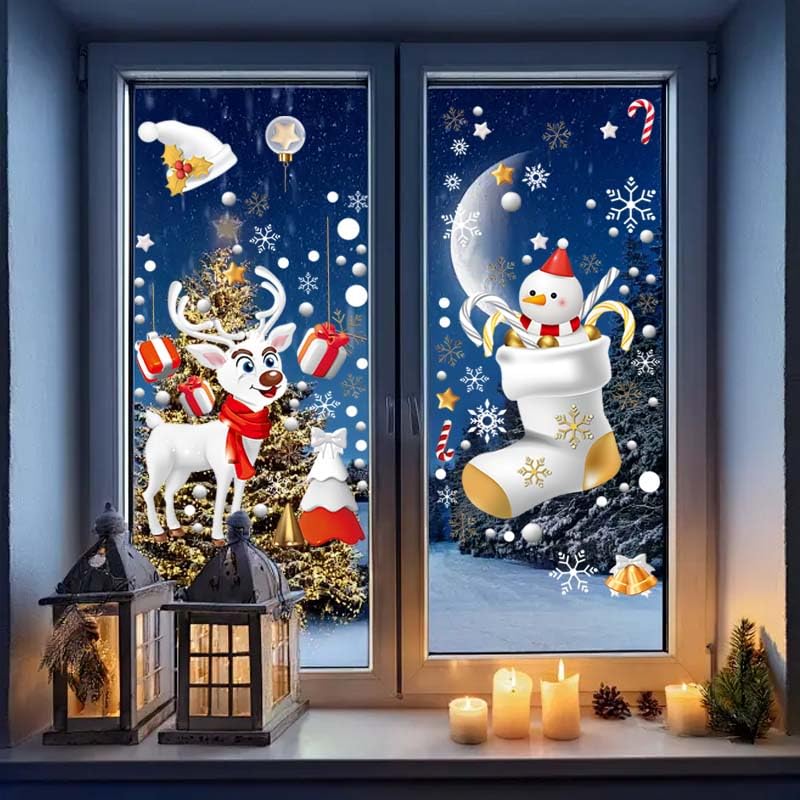 Christmas Window Clings Set - 8 Sheets Double-Sided Holiday Decorations with Santa, Snowman, Moose & Snowflake for Glass Doors & Windows