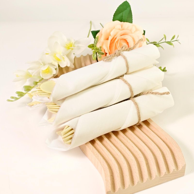 Pre Rolled Napkin and Bamboo Cutlery Set - 100pack Biodegradable Bamboo Silverware/Utensils/Flatware with Napkins, Compostable Wrapped Bamboo Cutlery for Party, Banquet, Wedding