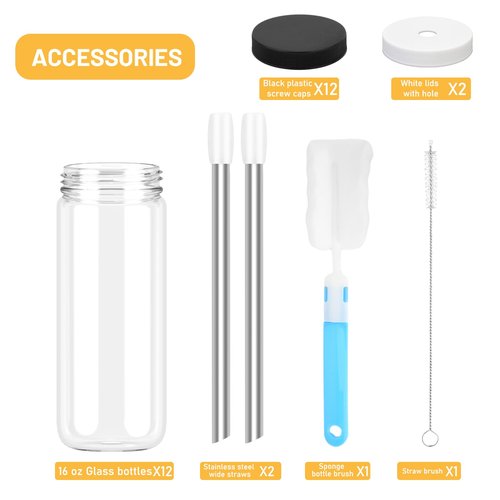 Sursip Glass Juice Bottles 16 oz with Lids & Straws, 12 Pack – Leak-Proof Wide Mouth Mason Jars for Juicing, Smoothies, Boba & Tea – Reusable & BPA-Free, Dishwasher Safe Kitchen Storage Containers