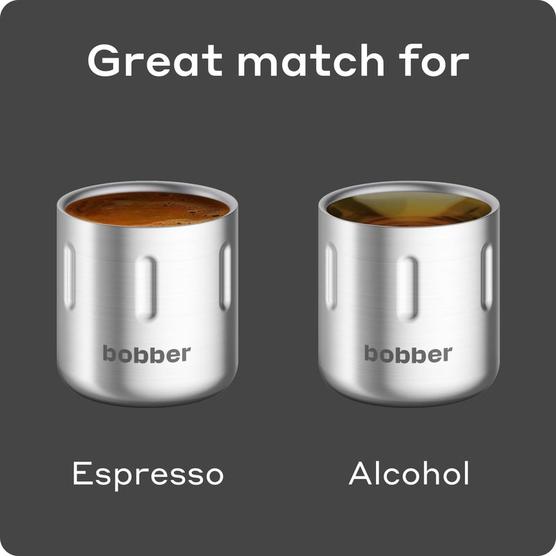 BOBBER Shot - 3.4 oz (100ml) Stainless Steel Double Walled Espresso Cups - Set of 2 Heat Resistant Non Insulated Metal Coffee Cups With Gift Box (Matte)