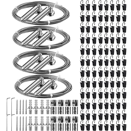 16ft Stainless Steel Curtain Wire Hanging System with 96 Clips, 4 Sets