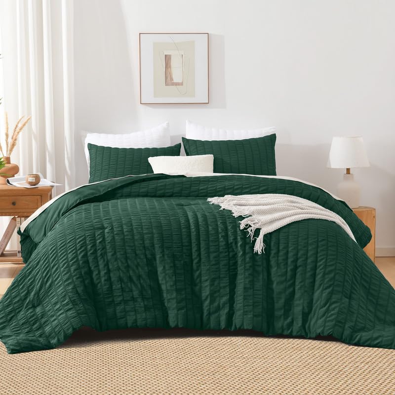 Dark Green Seersucker California King Comforter Set - 3 Pieces