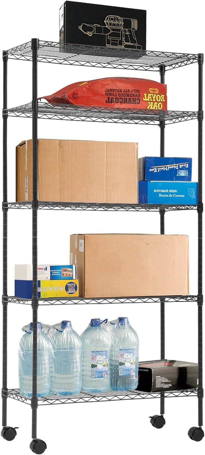 PayLessHere 5-Tier Wire Shelf with Wheels - Adjustable Heavy-Duty Storage Rack | Black | 14"x30"x60" | Rust-Resistant, No-Tool Assembly