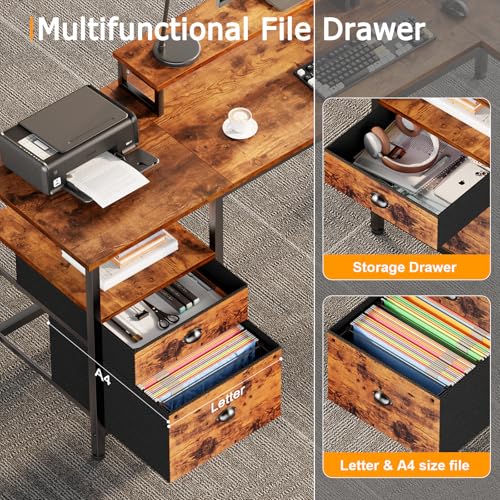 66-Inch L-Shaped Computer Desk with Power Outlet, File Drawer and Monitor Stands
