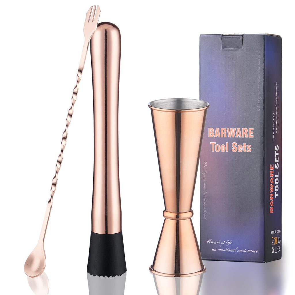 Gbuxska Rosegold Muddler for Cocktails, Matching Jigger and Bar Spoon with Bar Muddler - 3 Pcs Cocktail Muddler Set