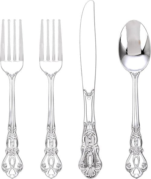 Joyido 40PSC Silver Plastic Cutlery - Vintage Silver Disposable Silverware - Heavyweight Plastic Utensils with 20 Forks, 10Knives, 10 Spoons For Catering, Parties, Dinners and Weddings