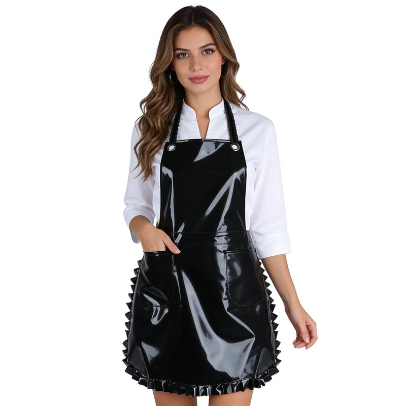 MIKI WELL Glossy Cute Ruffled Apron, Lace-Up Model with Two Pockets, Vinyl Apron for Artists and Barbers, Waterproof (Black)