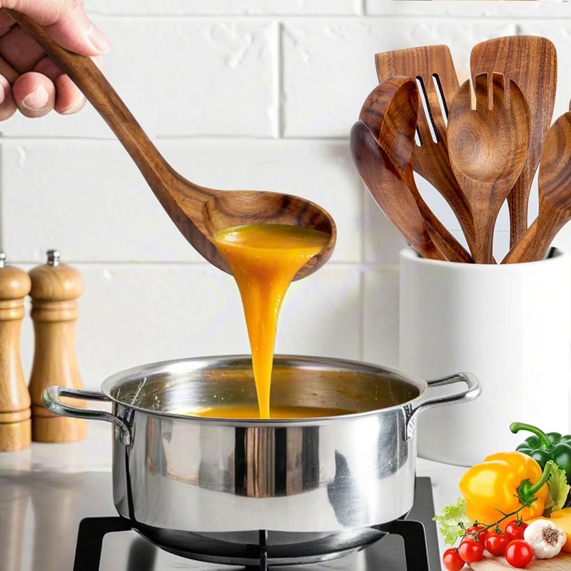 8 Pieces Wooden Spoons for Cooking, 100% Natural Teak Wooden Kitchen Utensils Set, Wooden Utensils Set for Cooking, Non-Stick, Comfort Grip, Easy to Clean