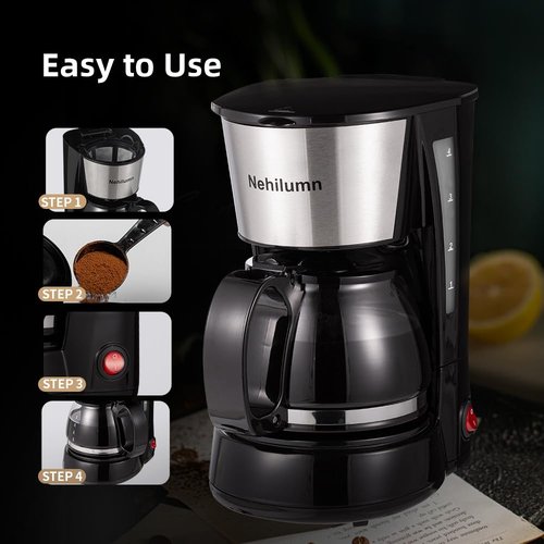 Nehilumn 4 Cups Drip Coffee Maker, Coffee Pot Machine Permanent Coffee Filter, Mini,20Oz Electric Coffee Maker,650W Black and Stainless Steel