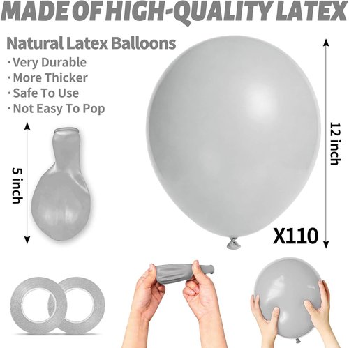 Grey Latex Balloons by [Brand Name] - 110pcs 12-Inch Balloons for Birthday Parties & Baby Showers