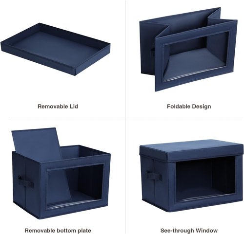 Homsorout Foldable Storage Boxes - Decorative Fabric Baskets with Clear Window, Navy Blue, 4-Pack for Organizing