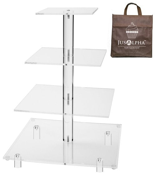 Jusalpha® Large 4 Tier Square Acrylic Cupcake Tower Stand for Dessert, Pastry, Serving Platter-Candy Bar Party Décor and Supply (Tall version)