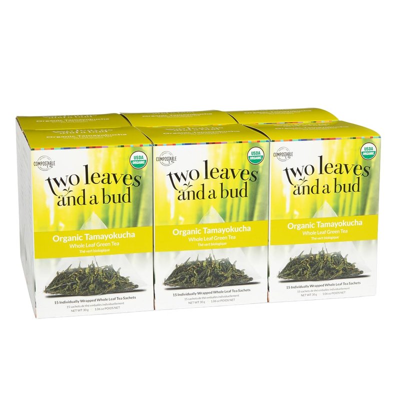 Two Leaves and a Bud Organic Tamayokucha Tea Bags, Whole Leaf Tea in Compostable Sachets, Japanese Green Tea, Light Flavor, 15 Count (Pack of 6)