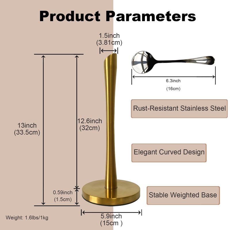 Stainless Steel Paper Towel Holder for Countertop, Kitchen and Bathroom (Gold)